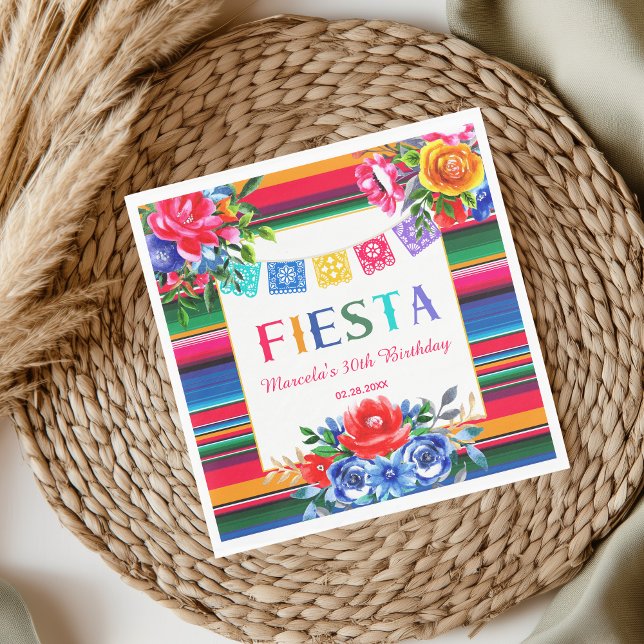 Colourful Mexican Serape & Floral Fiesta Birthday  Napkin (Creator Uploaded)