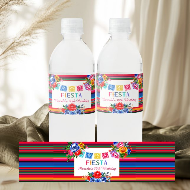 Colourful Mexican Serape Floral & Fiesta  Water Bottle Label (Creator Uploaded)