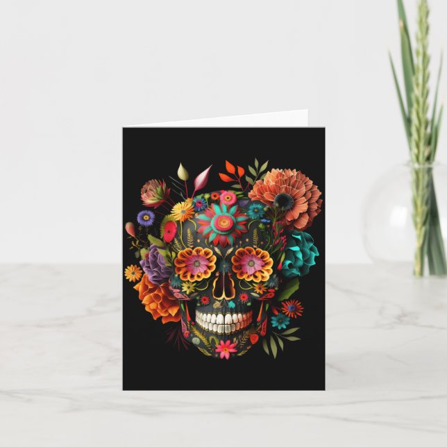 Colourful Mexican Skull Patterns Flowers Halloween Card (Front)