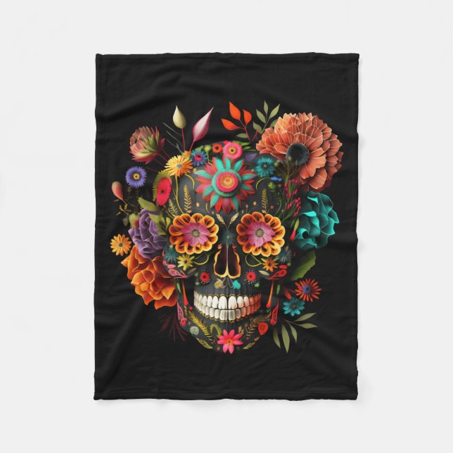 Colourful Mexican Skull Patterns Flowers Halloween Fleece Blanket (Front)