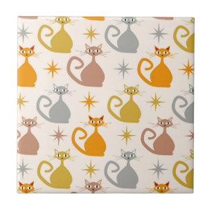 Colourful Mid Century Atomic Cats with Starbursts  Ceramic Tile