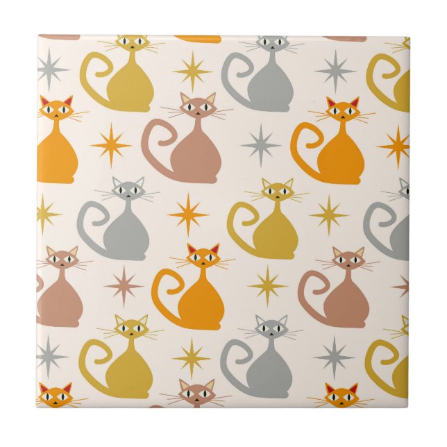 Colourful Mid Century Atomic Cats with Starbursts  Ceramic Tile (Front)