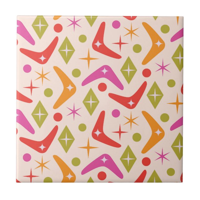 Colourful Mid Century Boomerangs with Diamonds  Ceramic Tile (Front)