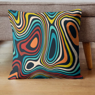 Colourful Mid-Century groovy wavy lines pattern Cushion