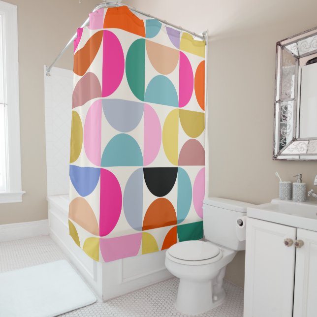 Colourful Mid Century Modern Abstract Pattern Shower Curtain (In Situ)