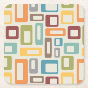 Colourful Mid Century style shapes Square Paper Coaster