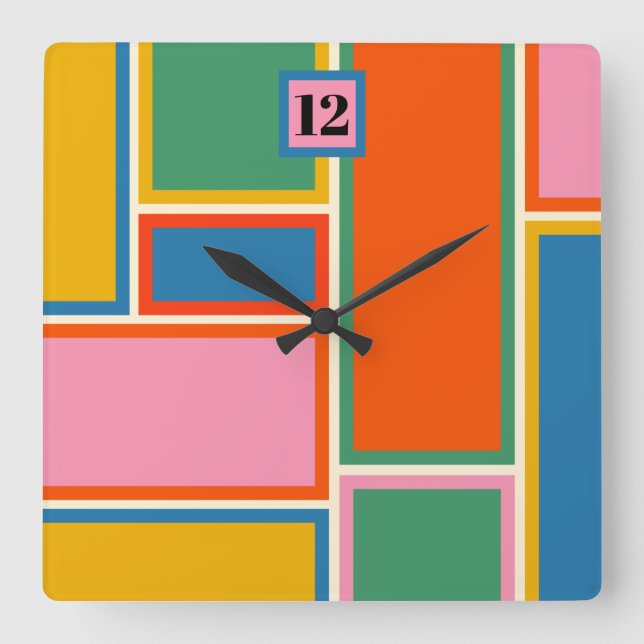 Colourful Midcentury Modern Geometric Minimalist  Square Wall Clock (Front)