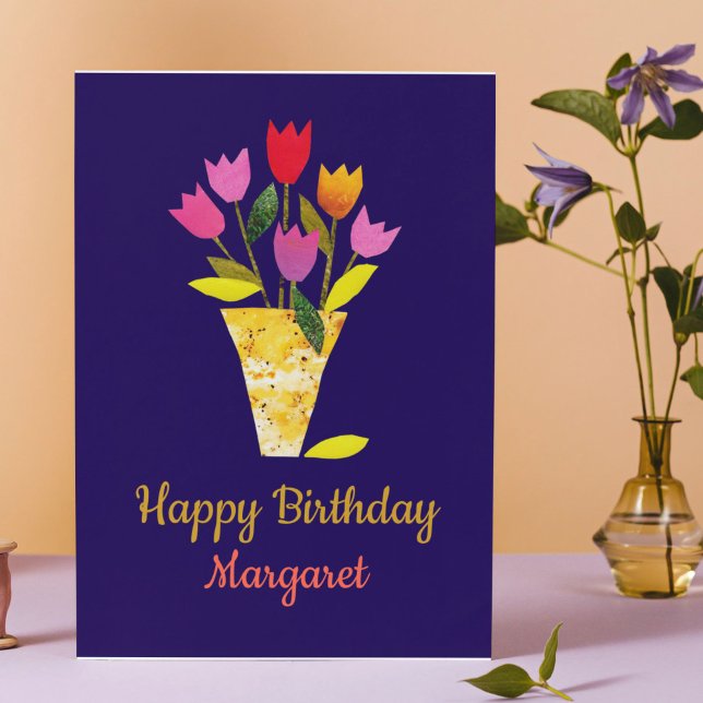 Colourful MidCentury Modern Tulips Cheery Birthday Card (Colorful pink and yellow tulips are my own original art, made from recycled magazine pages.)