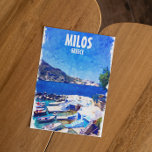Colourful Milos Greece Travel Art Postcard<br><div class="desc">Beautiful Milos Greece watercolor artwork on a postcard. The famous travel destination of Milos or Melos is a volcanic greek island in the Aegean Sea,  just north of the Sea of Crete and famous for its amazing scenery. Purchase this product now.</div>