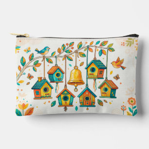colourful mini birdhouses hanging from a delicate accessory pouch