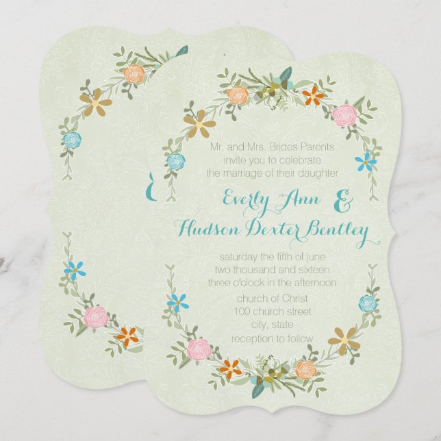Colourful Mint Garland Wreath Forest Wedding Invit Invitation (Front/Back)