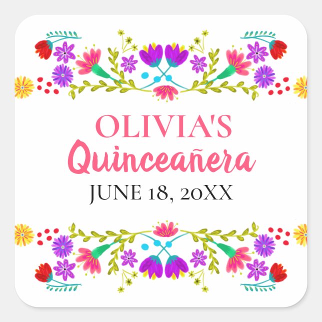 Colourful Mis Quince Anos Mexican Fiesta Flowers Square Sticker (Front)