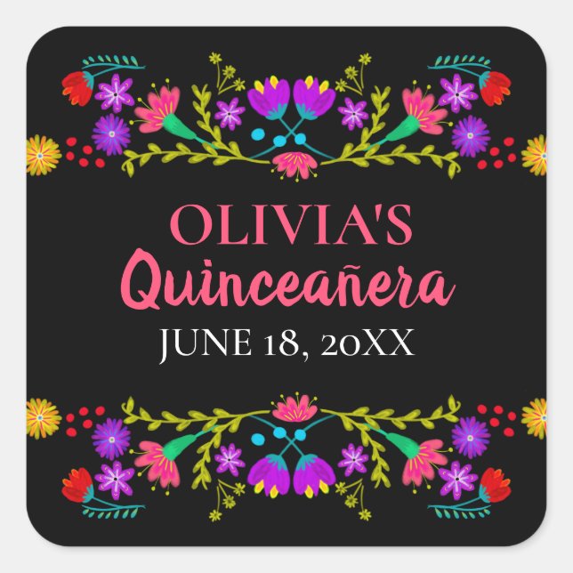 Colourful Mis Quince Anos Mexican Fiesta Flowers Square Sticker (Front)