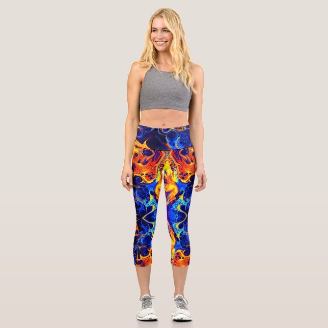colourful mix of neon paints swirling on black  capri leggings (Front)