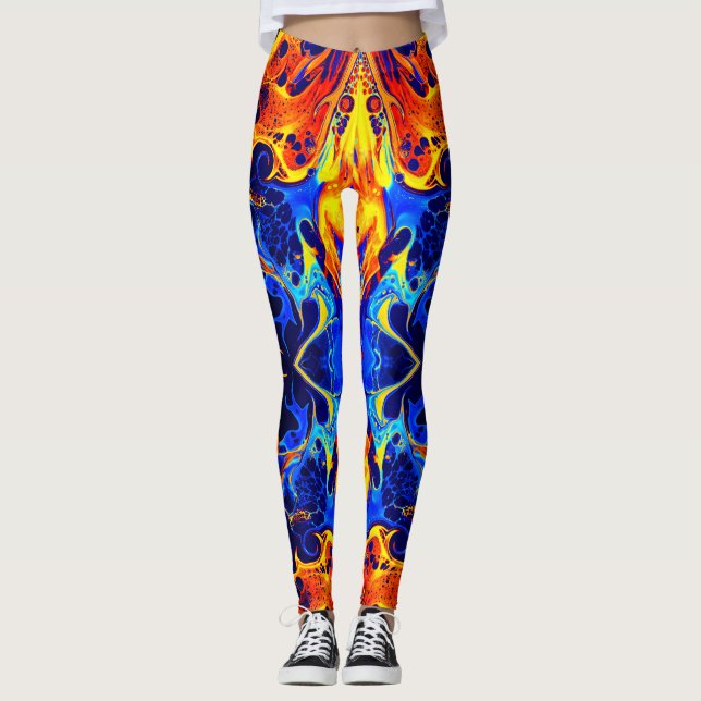 colourful mix of neon paints swirling on black leggings (Front)