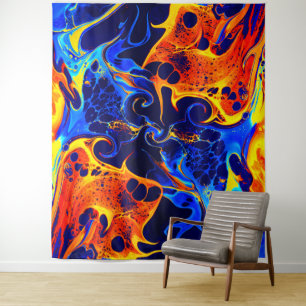 colourful mix of neon paints swirling on black tapestry