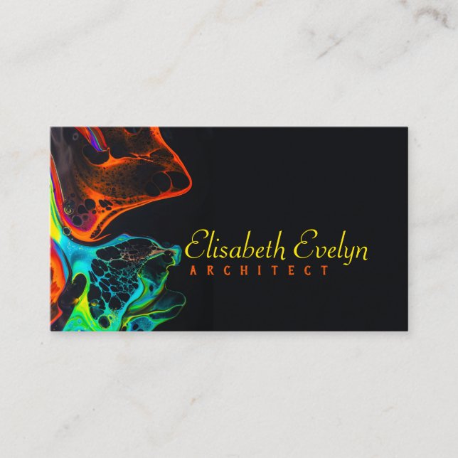 colourful mix of neon paints swirling on black y66 business card (Front)