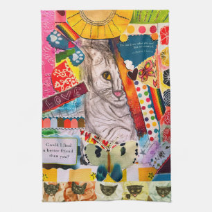 Colourful Mixed Media Cat Collage Kitchen Towel