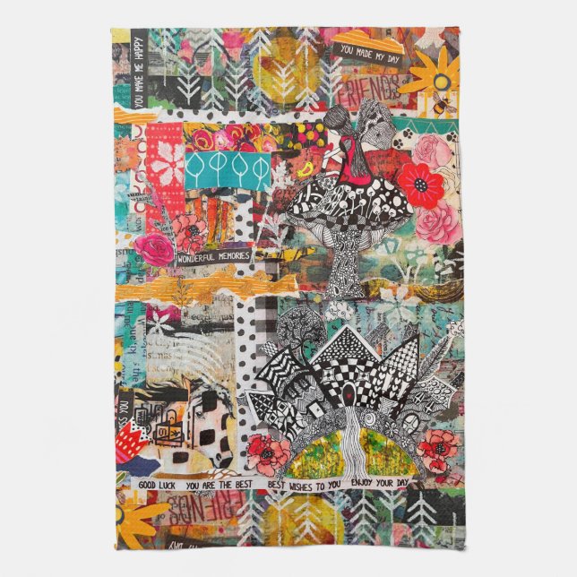 Colourful Mixed Media Inspirational Collage   Tea Towel (Vertical)