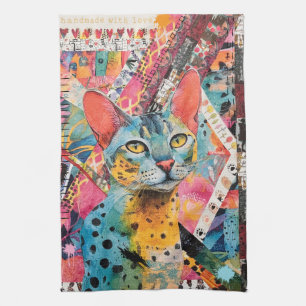 Colourful Mixed Mixed Paper Cat Collage Tea Towel