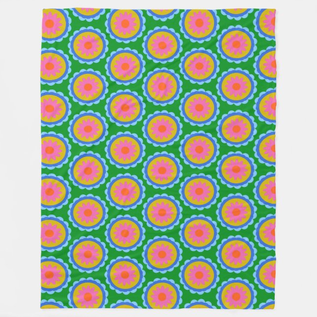 Colourful Mod 60s Bright Flower Mandala Pattern  Fleece Blanket (Front)