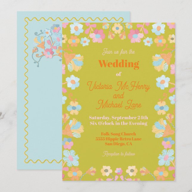 Colourful Mod Embroidery Wedding Invitation (Front/Back)