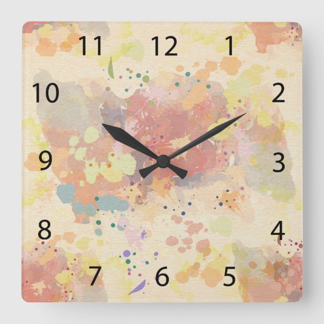 Colourful Modern Abstract Paint Splash Square Wall Clock (Front)