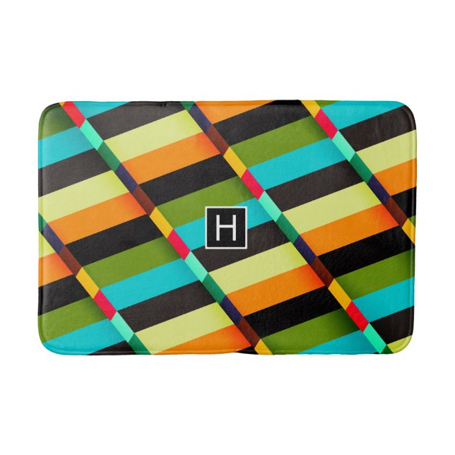 Colourful Modern Abstract Stripes & Monogram Bath Mat (Front)