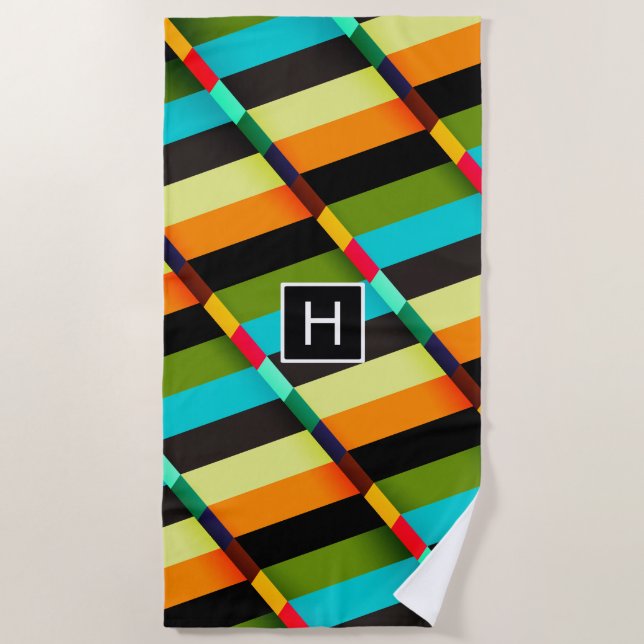 Colourful Modern Abstract Stripes & Monogram Beach Towel (Front)