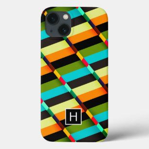 Colourful Modern Abstract Stripes & Monogram iPhone 13 Case
