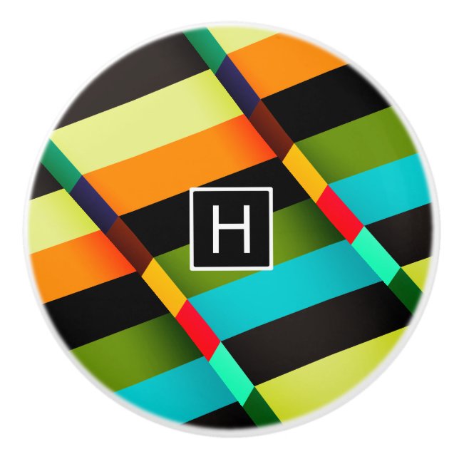 Colourful Modern Abstract Stripes & Monogram Ceramic Knob (Front)