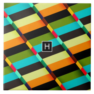 Colourful Modern Abstract Stripes & Monogram Ceramic Tile
