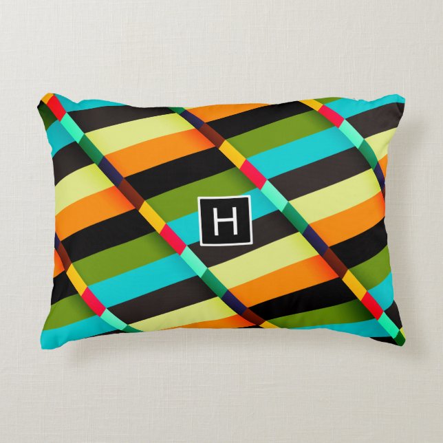 Colourful Modern Abstract Stripes & Monogram Decorative Cushion (Front)