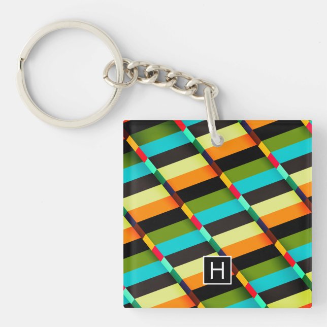 Colourful Modern Abstract Stripes & Monogram Key Ring (Front)