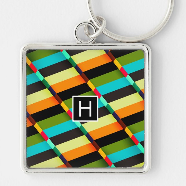 Colourful Modern Abstract Stripes & Monogram Key Ring (Front)
