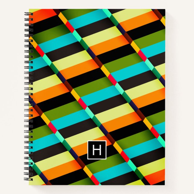 Colourful Modern Abstract Stripes & Monogram Notebook (Front)