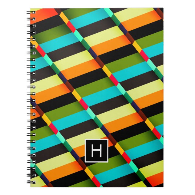 Colourful Modern Abstract Stripes & Monogram Notebook (Front)