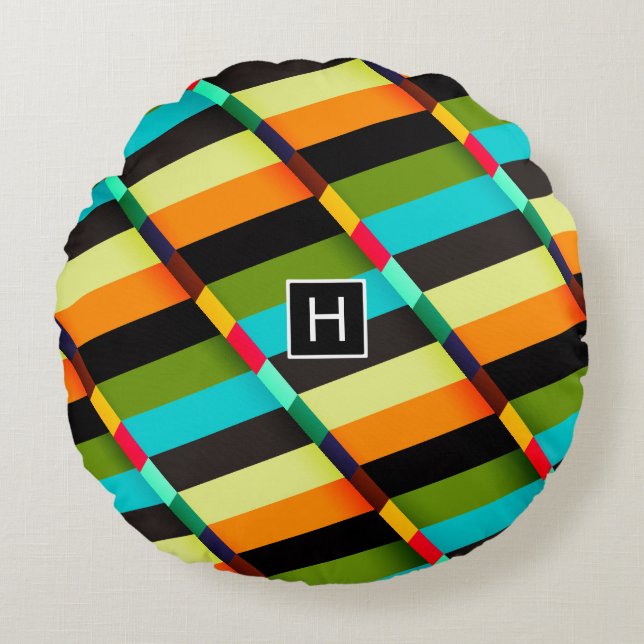 Colourful Modern Abstract Stripes & Monogram Round Cushion (Front)