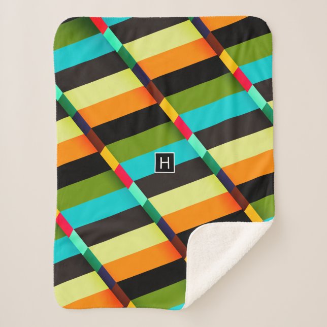 Colourful Modern Abstract Stripes & Monogram Sherpa Blanket (Front)