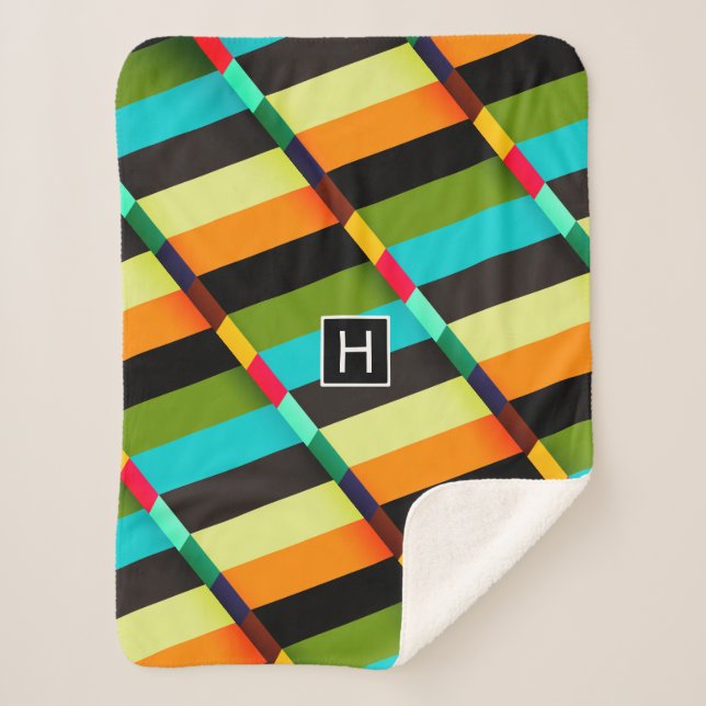 Colourful Modern Abstract Stripes & Monogram Sherpa Blanket (Front)