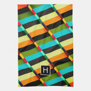 Colourful Modern Abstract Stripes & Monogram Tea Towel