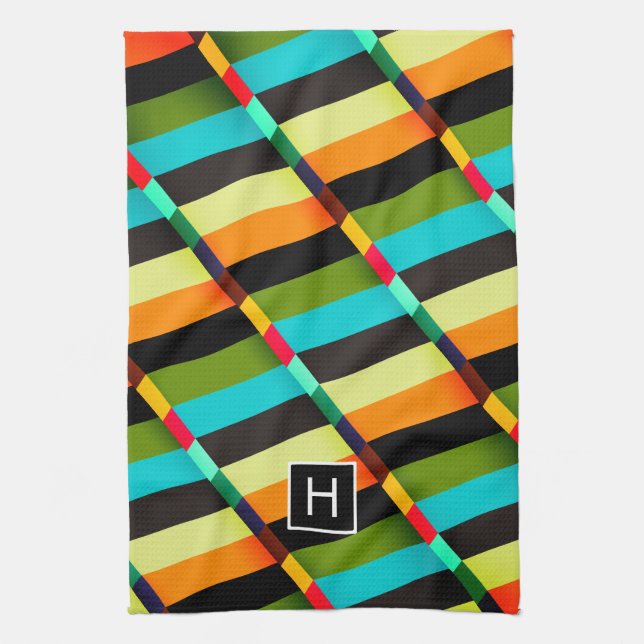 Colourful Modern Abstract Stripes & Monogram Tea Towel (Vertical)