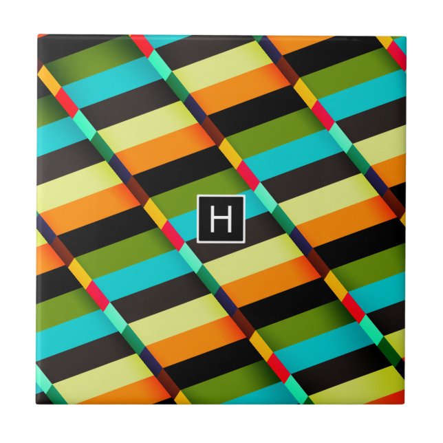 Colourful Modern Abstract Stripes & Monogram Tile (Front)