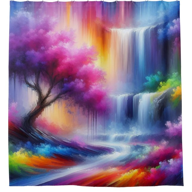Colourful Modern Abstract Waterfall Wald Landscape Shower Curtain (Front)