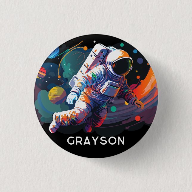 Colourful Modern Astronaut Space Personalised Name 3 Cm Round Badge (Front)