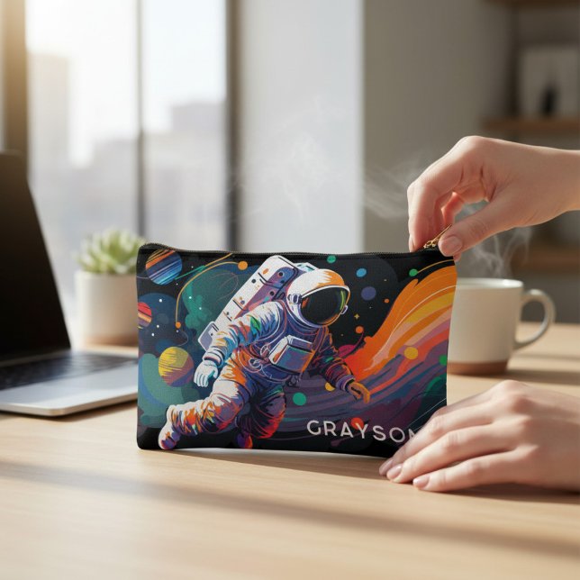 Colourful Modern Astronaut Space Personalised Name Accessory Pouch (Creator Uploaded)