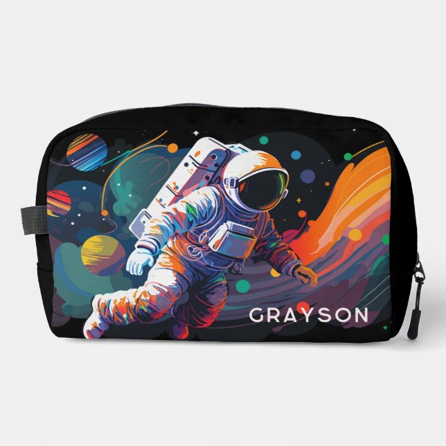 Colourful Modern Astronaut Space Personalised Name Dopp Kit (Front)