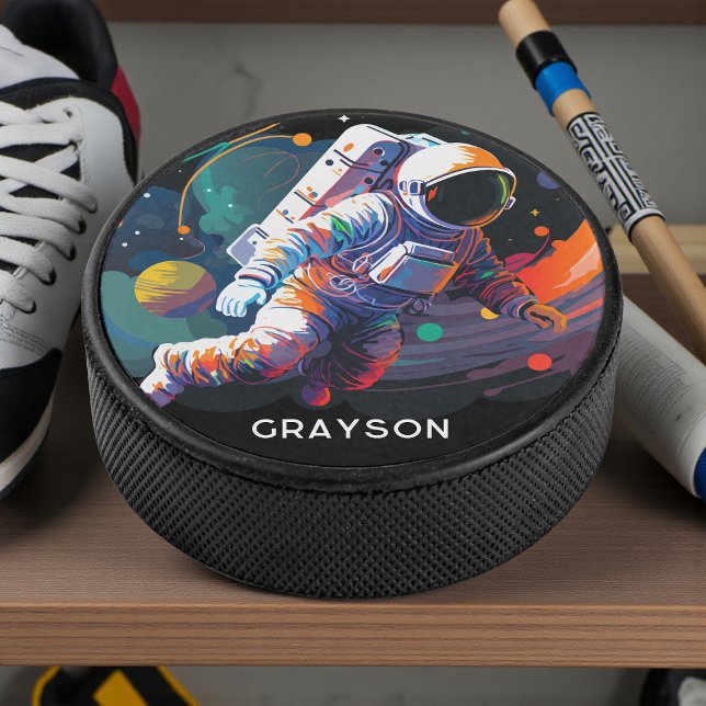 Colourful Modern Astronaut Space Personalised Name Hockey Puck (Creator Uploaded)