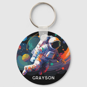 Colourful Modern Astronaut Space Personalised Name Key Ring