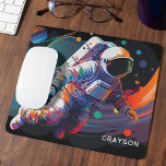 Colourful Modern Astronaut Space Personalised Name Mouse Pad<br><div class="desc">Colourful Modern Astronaut Space Personalised Name Mouse Pad Mousepad features an astronaut floating though outer space with colourful planets and swishes and personalised with your name in modern script typography. Perfect as a gift for space lovers, family and friends for birthday, Christmas, holidays, Father's Day, brother, husband, partner, best friends,...</div>